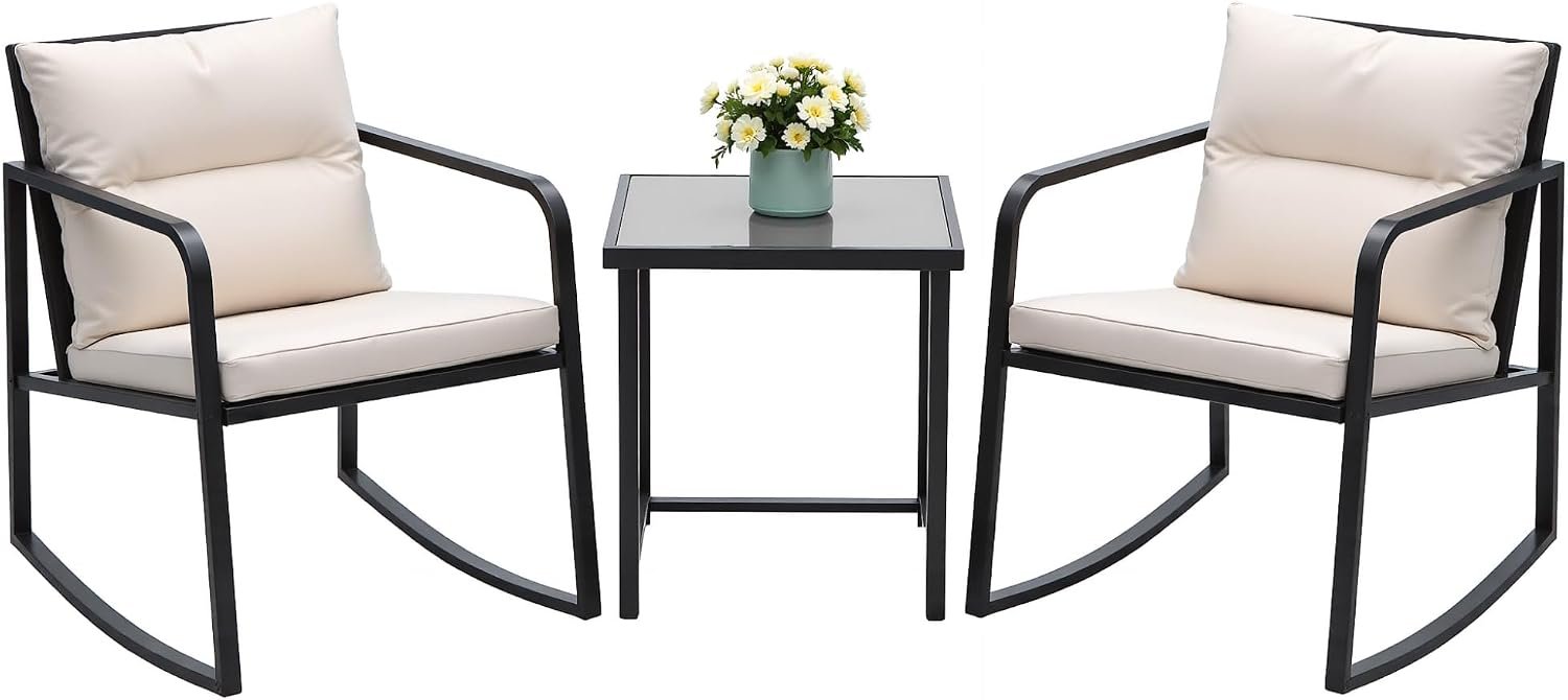 Devoko 3 Pieces Patio Furniture Set Wicker Outdoor Rocking Bistro Chair | PE Rattan Patio Conversation Sets with Glass Coffee Table for Porch, Balcony, Garden, Poolside (Beige)