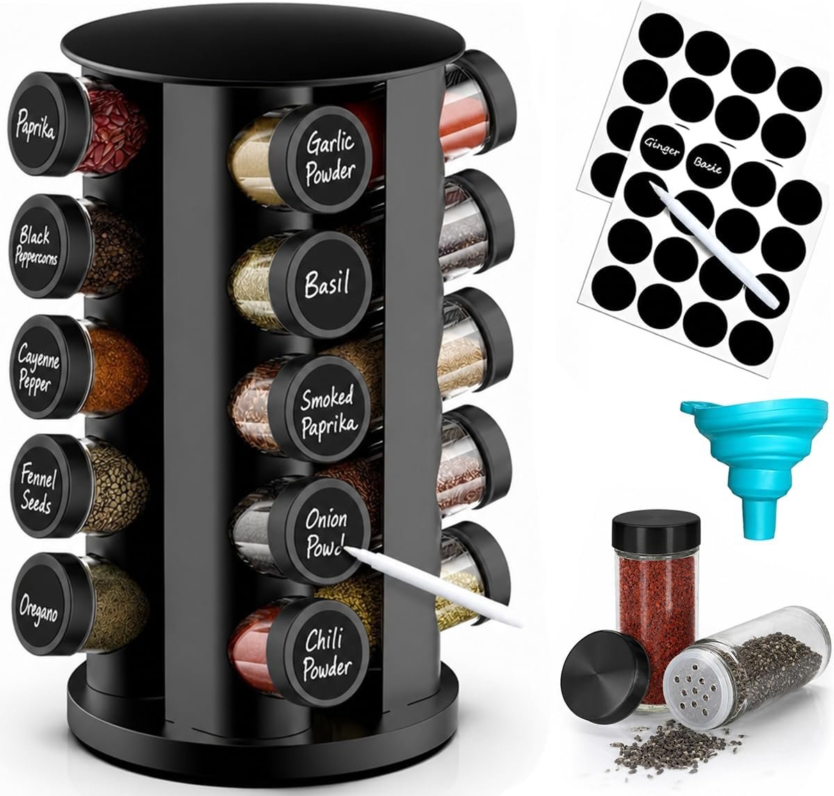 Rotating Spice Rack Organizer for Cabinet, Spice Racks Storage with 20 Jars, Spinning Spice rack for Kitchen Countertop, Spice Holder,Seasoing Storage Racks, Black