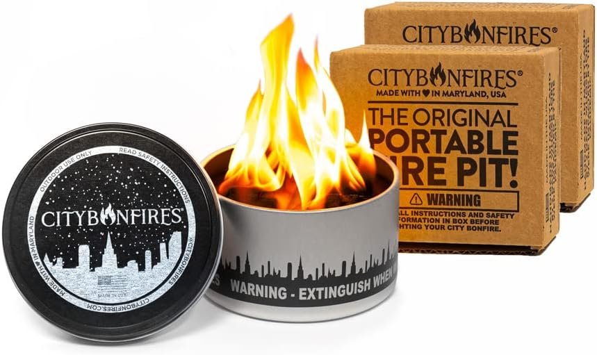 City Bonfires Portable Fire Pit – Mini Fire Pit, Table Top Firepit, No Wood, No Embers, 3-5 Hours of Burn Time – Food Safe for Smores – Lightweight, Emergency Heat, Camping Stove (2-Pack)
