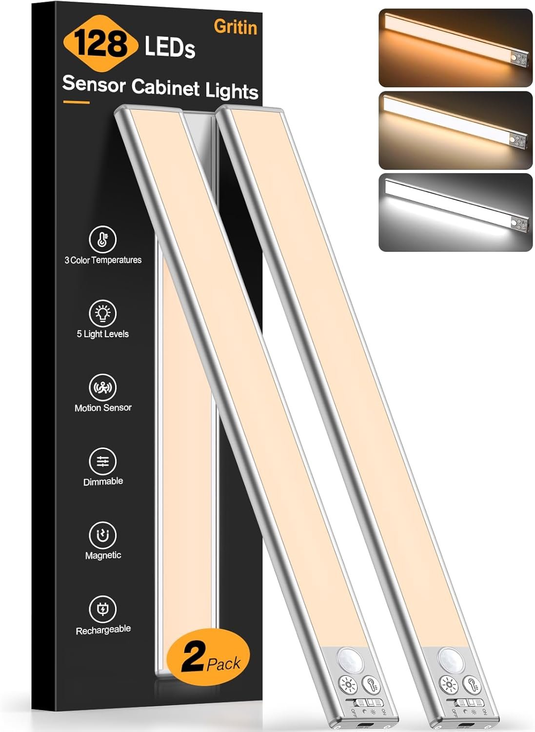 Gritin 14.7inch Under Cabinet Lighting Rechargeable 2 Pack | 3 Color Temps & 5 Brightness,Super Bright,4 Modes,Motion Sensor,Long Lasting – Easy Installation Under Closet Lights-Silver