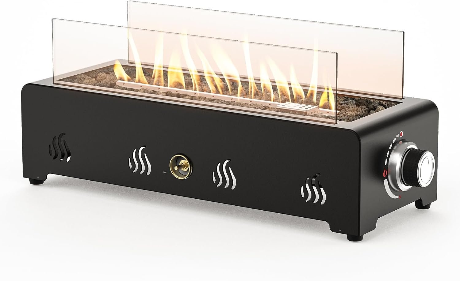 Onlyfire 18″ Tabletop Gas Fire Pit, Outdoor Propane Fire Pit Side Mounted | with Glass Wind Guard and Lava Rock, Rectangular Smokeless Fire Table Patio Fireplace