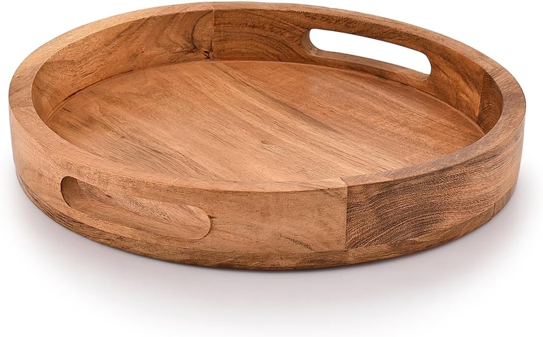 Round Serving Acacia Wooden Tray with Handles for Serving Beverages & Food on Bar Living Room Home Dining Table (12″ x 12″ x 1.6″)