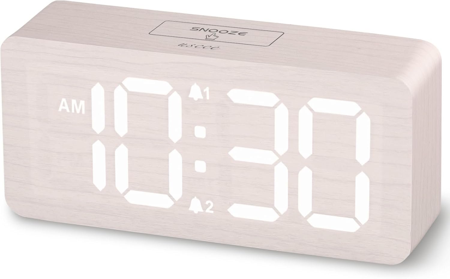 uscce Wooden Digital Alarm Clocks for Bedrooms with 0-100% Dimmable Display | Desk Clock with Large Numbers for Living Room – Loud Dual Alarm for Heavy Sleepers with Volume Control – Wood Decor & Gifts