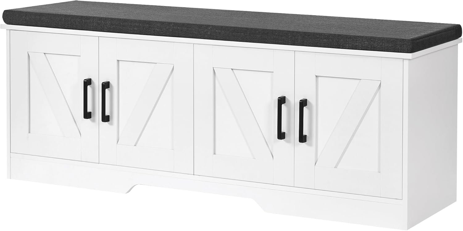 HOMSHO Farmhouse Shoe Storage Bench with 4 Barn Doors & Padded Seat Cushion | 47.2″ Wide Entryway Bench with Adjustable Shelves & Hidden Storage, White