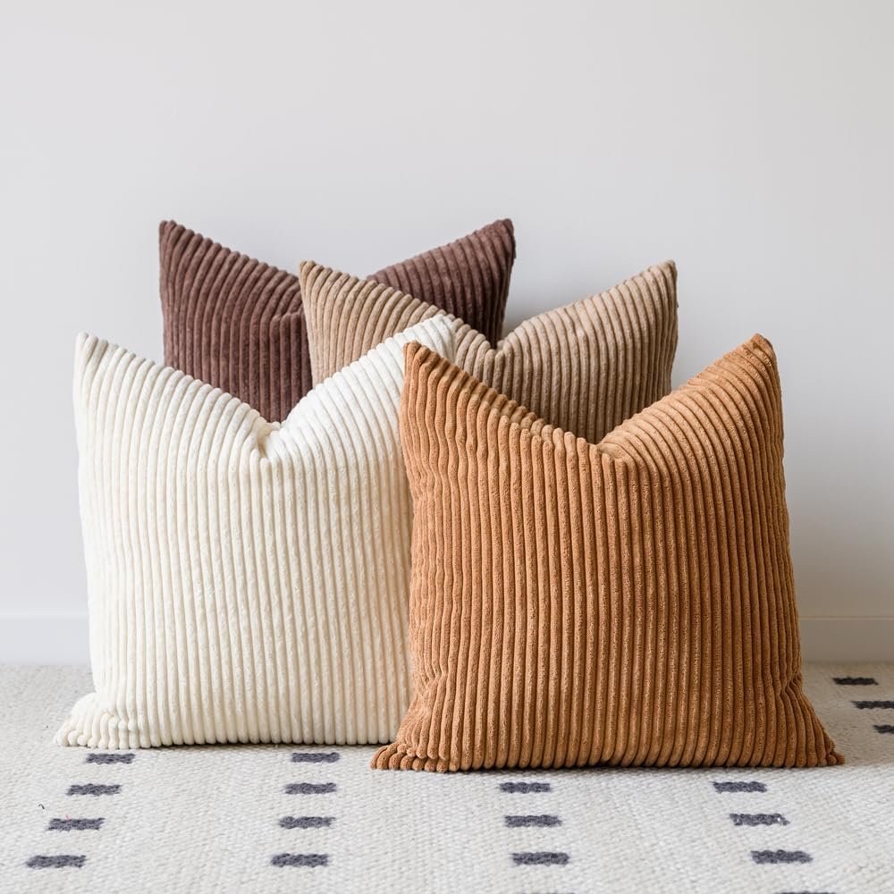 Decorative Corduroy Throw Pillow Covers 20×20 Inch Neutral Brown | Set of 4 Neutral Couch Farmhouse Boho Throw Pillows for Living Room, Couch, Bed, Sofa Soft Accent Home Decor