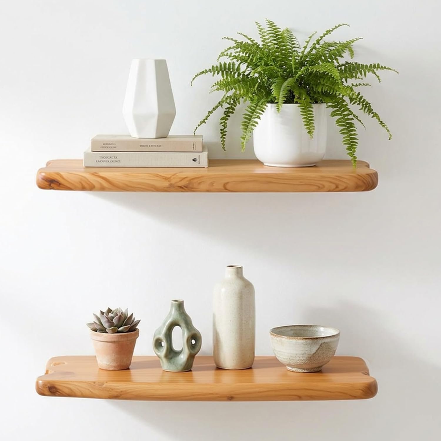 WELLAND 16″ Live Edge Cedar Floating Shelves, Set of 2 | Each shelf measures approximately 15.75″ W × 7.87″ D × 1.25″ H, ideal for displaying plants, book and decorative accents