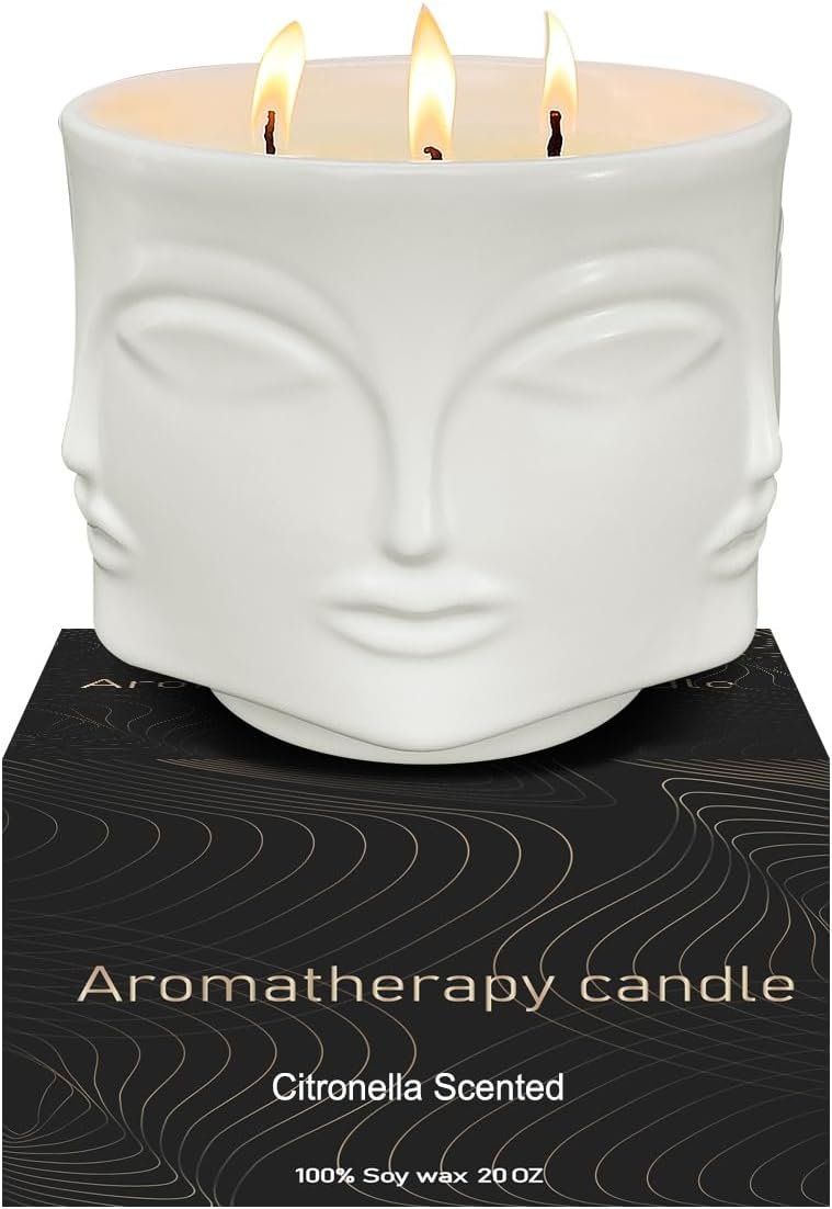 Outdoor Decorative White Large Citronella Candle, 20oz, Ceramic, 3 Wick Scented Candles, 100% Soy, for Patio Decor, Outside Table Decor, Camping Accessories