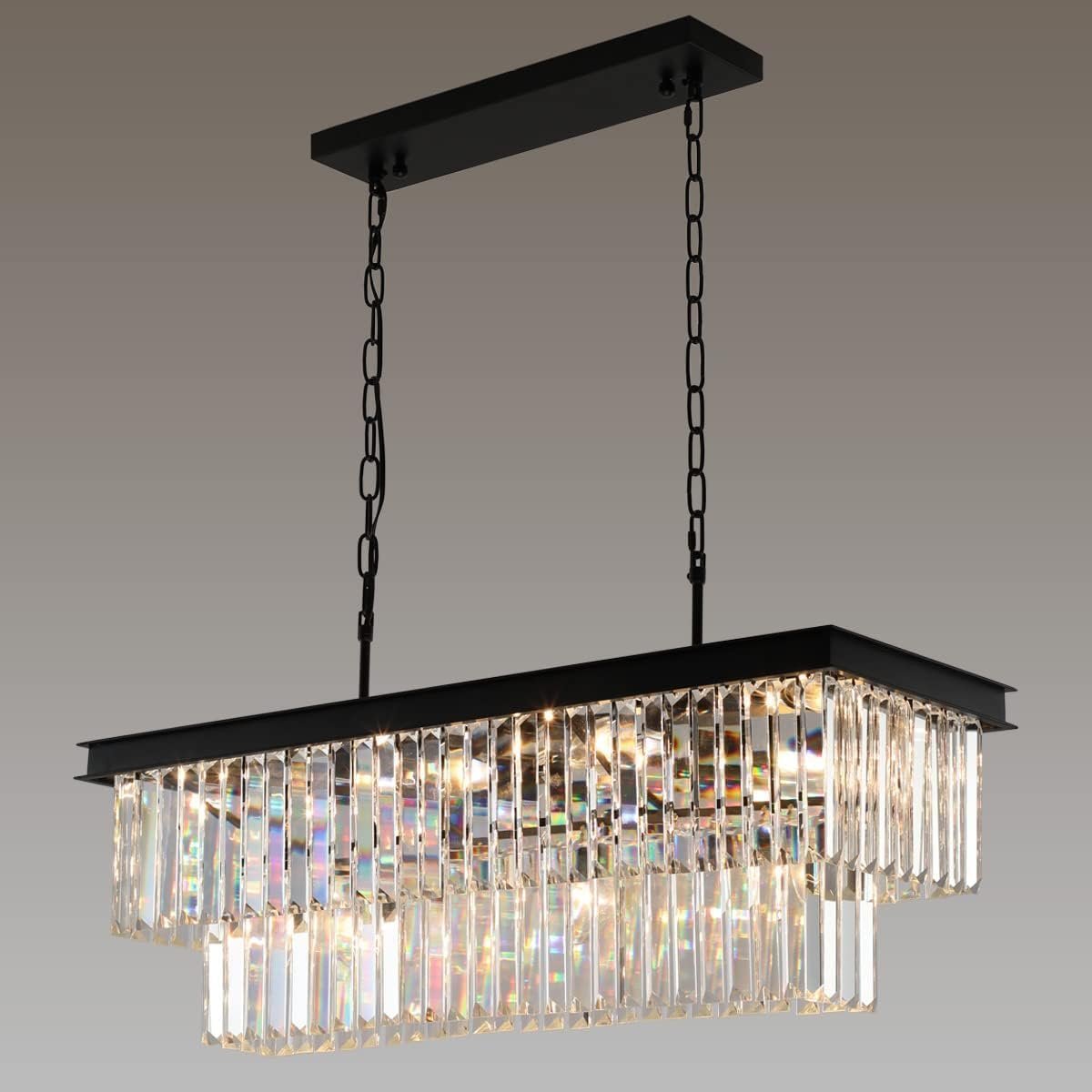 Weesalife Black Crystal Chandeliers for Dining Room，11-Lights L33.5 Inch | Modern Rectangle Chandeliers for Dining Room ，Contemporary Pendant Light Fixture for Kitchen Island Bar，Adjustable Height