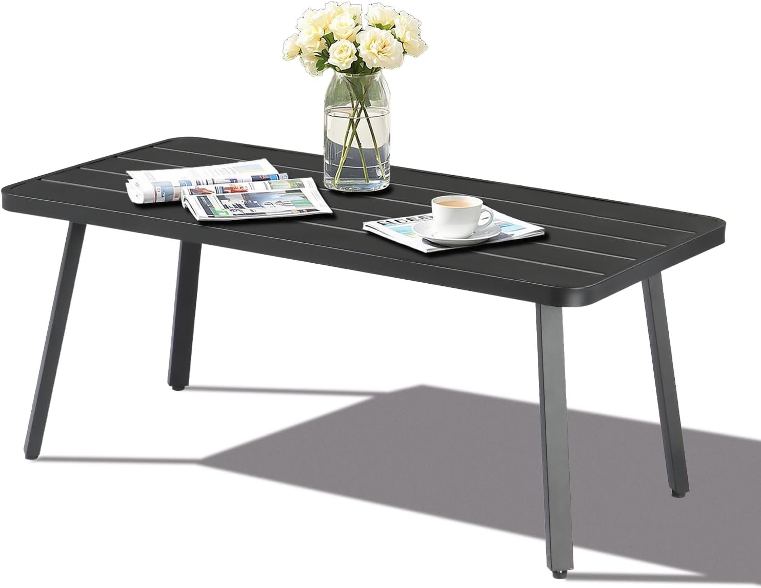 VINGLI Small Steel Outdoor Patio Coffee Table, Weather Resistant Metal Outdoor Large Side Table for Patio Balcony Porch and Living Room, Rectangle, Black (Rectangle)