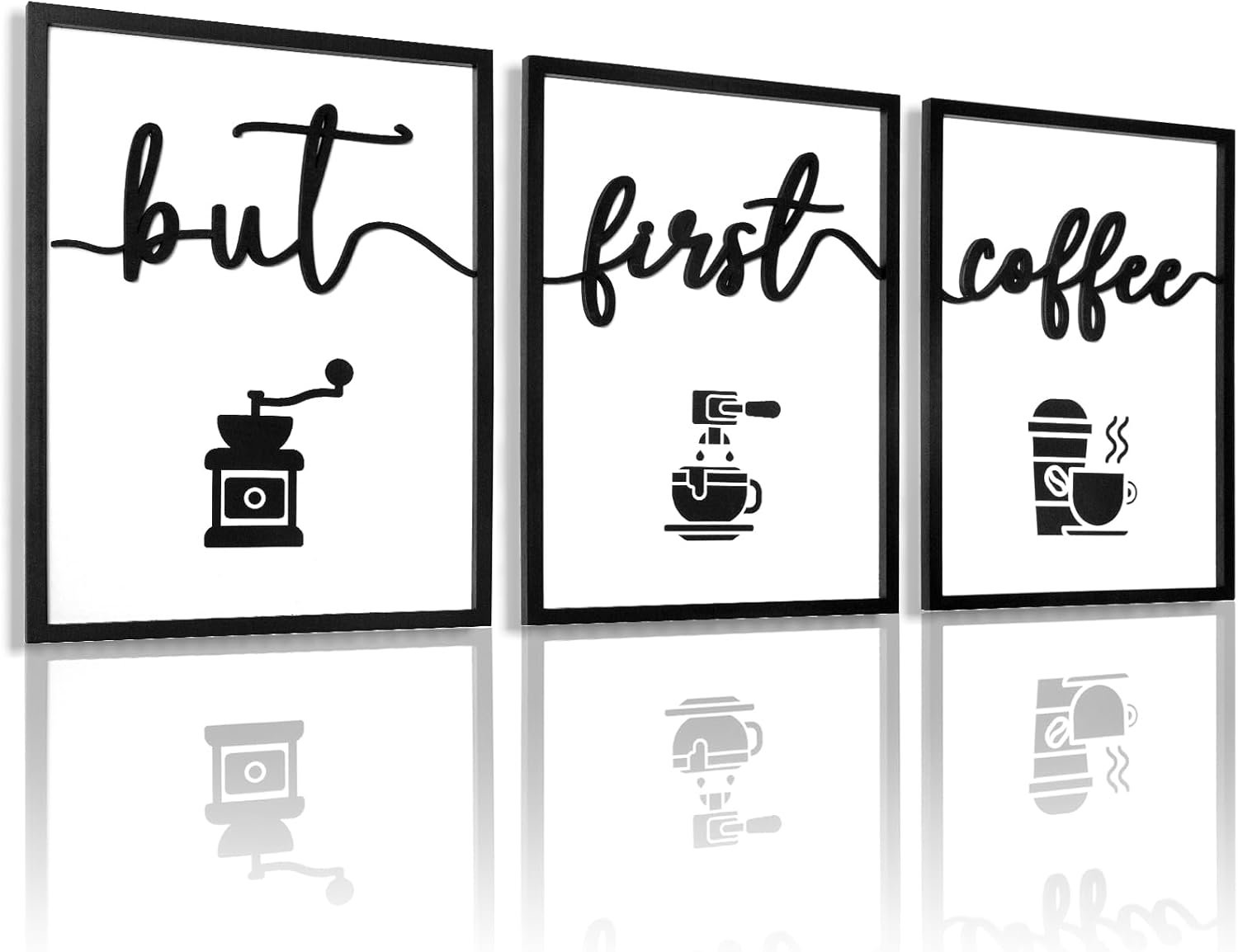 3D Wood But First Coffee Sign, Framed Coffee Bar Wall Decor Wall Art for Dining Room Kitchen Home Office (Ready to Hang, 12×16 inches, Set of 3, Framed)