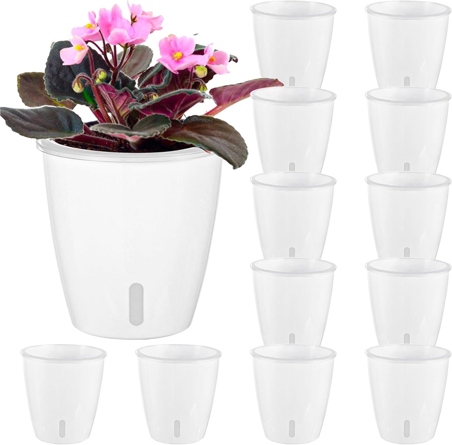 Self-Watering Pots for Indoor Plants, 12-Pack 5” Self Watering Planter with Drainage Holes, Small African Violet Pots with Water Indicator, Clear Wick Pot, White