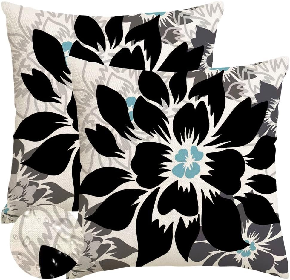 RABUSOFA Black Gray Floral Pillow Covers 18×18 Inch Set of 2 Outdoor Waterproof Dahlia Decorative Throw Pillows for Home Decor Sofa Patio Funiture Flower Polyester