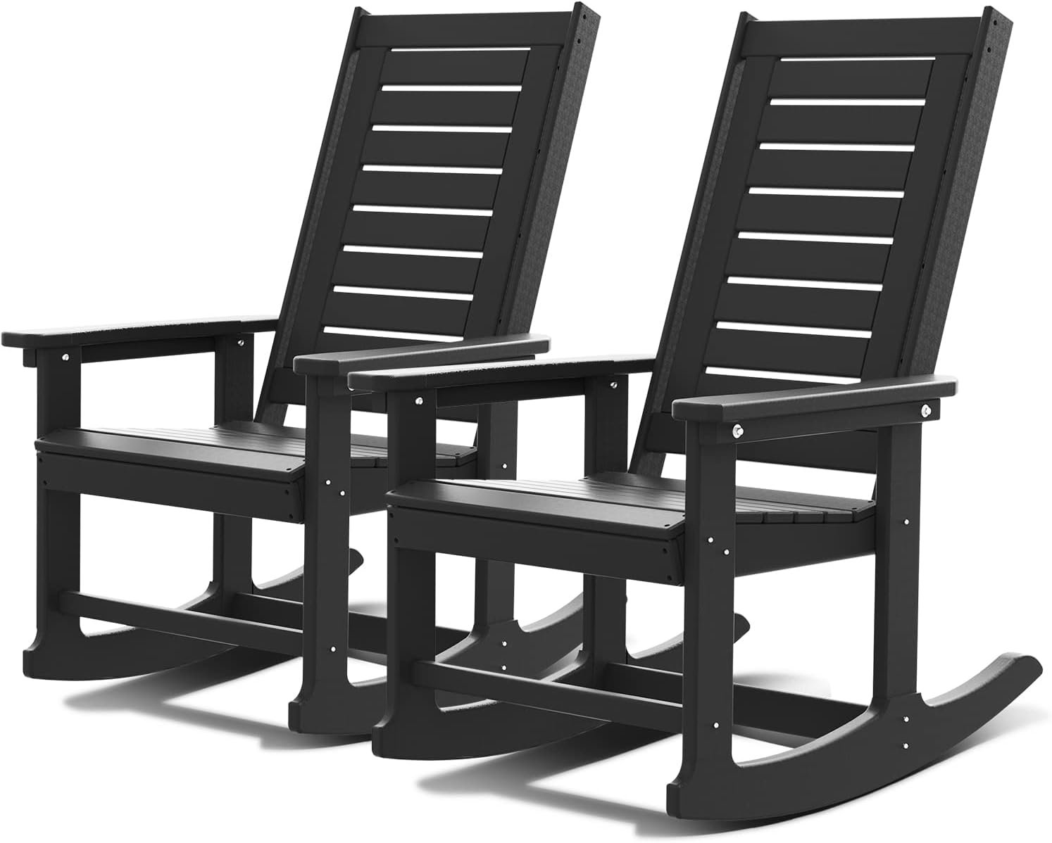 GREENVINES Oversized Outdoor Rocking Chairs Set of 2, HDPE Rocker, Black | 21.7″ Wide Seat | All Weather | Plastic Porch Chair | High Ladder Back | Big & Tall | Heavy Duty | for Patio Balcony Deck