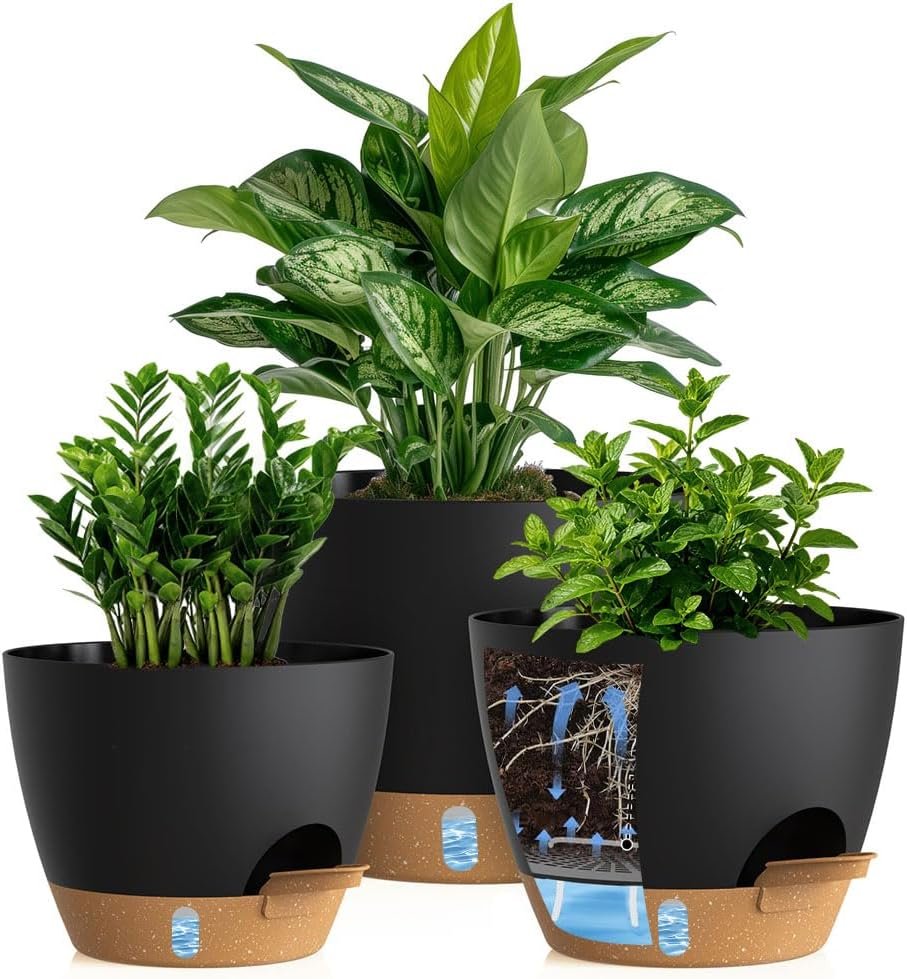 Self Watering Pots with Drainage Holes, 3 Pack 12/10/8 Inch Plant Pots with Water Level Indicator Deep Reservoir, Large Plastic Planter for Indoor Outdoor Plants – Black Brown