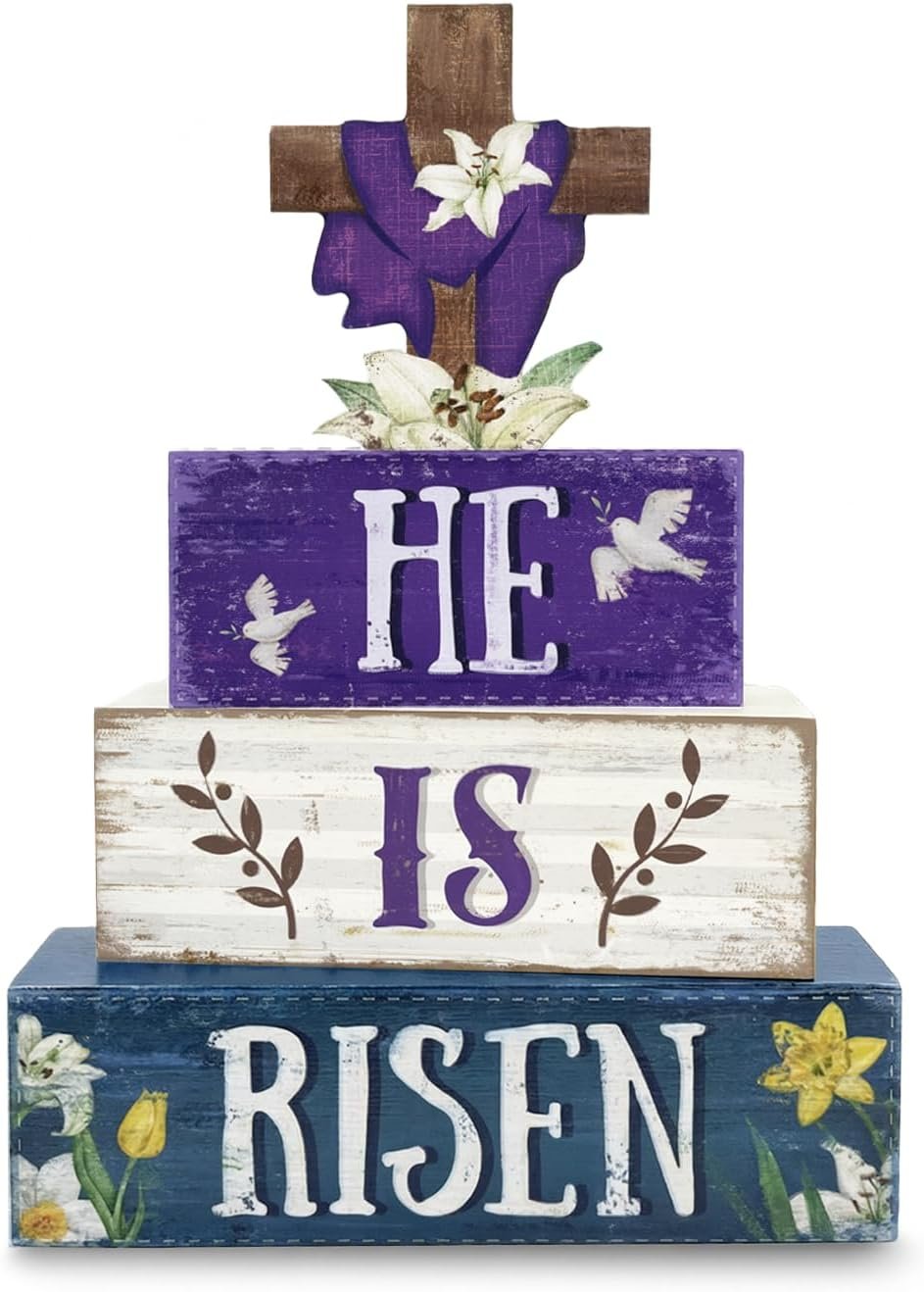 Easter Decorations, 4 Pcs Wooden Easter Table Decorations, He Is Risen Tiered Tray Decor, Wooden Table Sign for Desk Shelf Mantel Coffee Bar, Indoor Home Decor