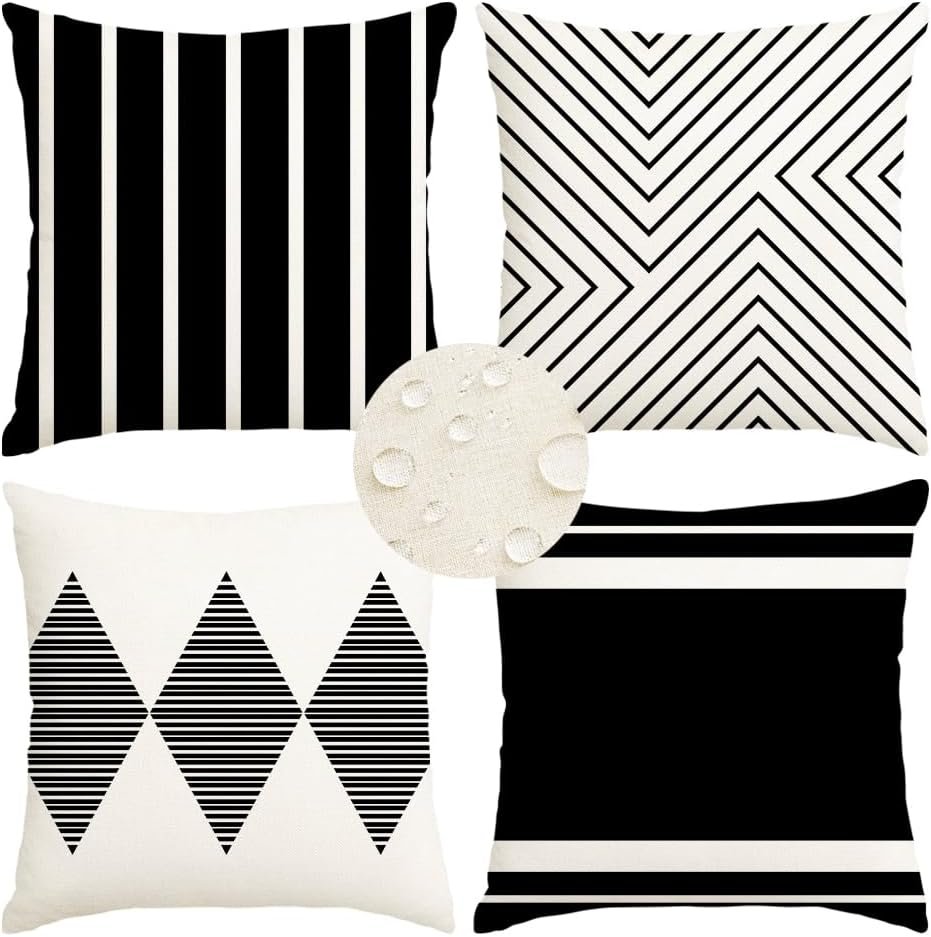 Outdoor Pillows Covers 18×18 Waterproof,Black and Beige Set of 4(No Insert) | for Covered Patio Furniture Couch Sunbrella,No Insert Just Covers,Durable Polyester,Fit 18×18 inch Inserts or Smaller,Boho