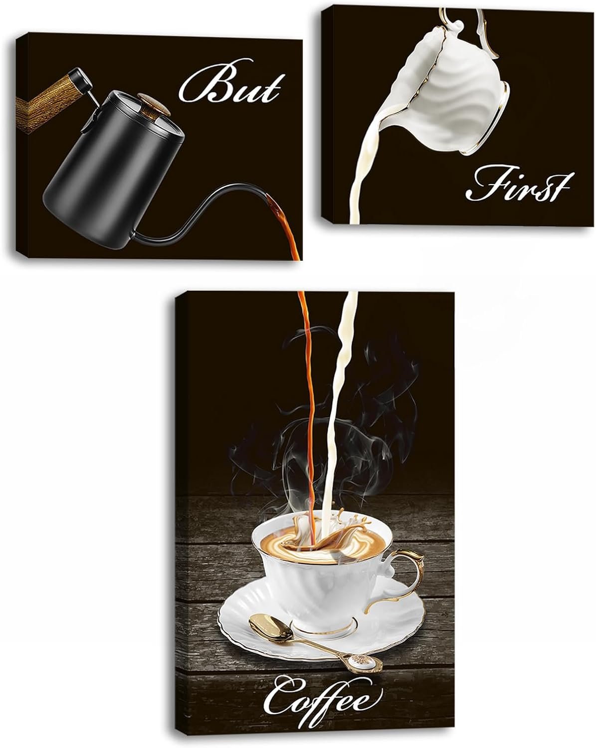Kitchen Wall Art Coffee Decor Canvas Prints But First Coffee Bar Sign | Cafe Drinking Pictures 3 Panel Modern Artwork for Dining Room Restaurant Decorations Framed Ready to Hang