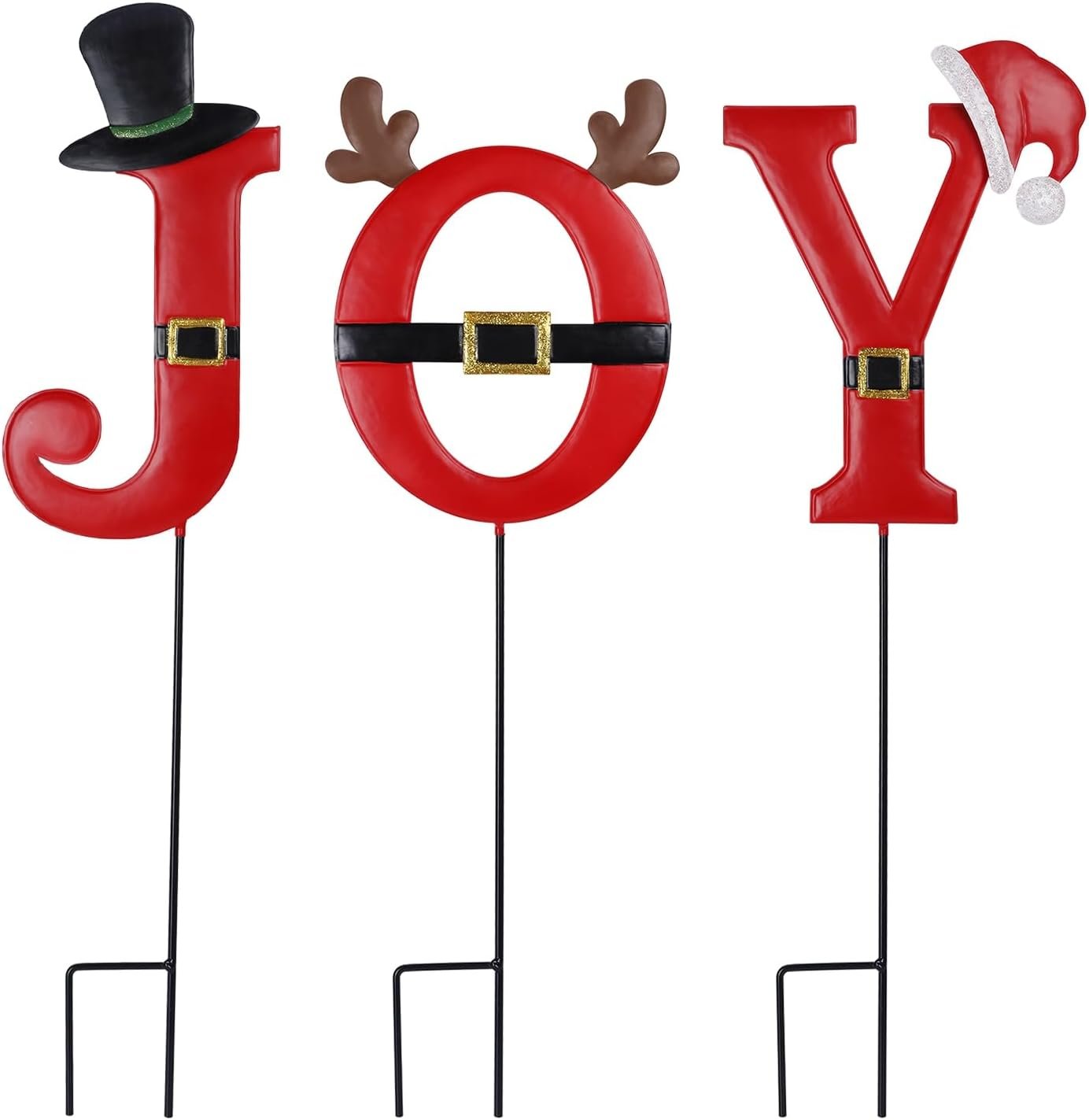 FORUP Joy Christmas Decorations – 3 Pcs Metal Garden Stakes for Outdoor Lawn Yard Decor