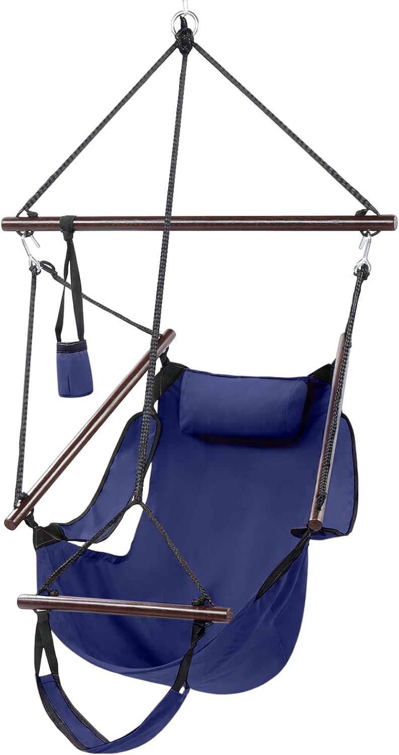 Sky Chair, Deluxe Hanging Hammock Air Chair Swing Seat with Pillow, Drink Holder, Solid Wood Weather Resistant for Indoor/Outdoor Yard Garden Tree Patio Porch, 250 LBS (Navy Blue)