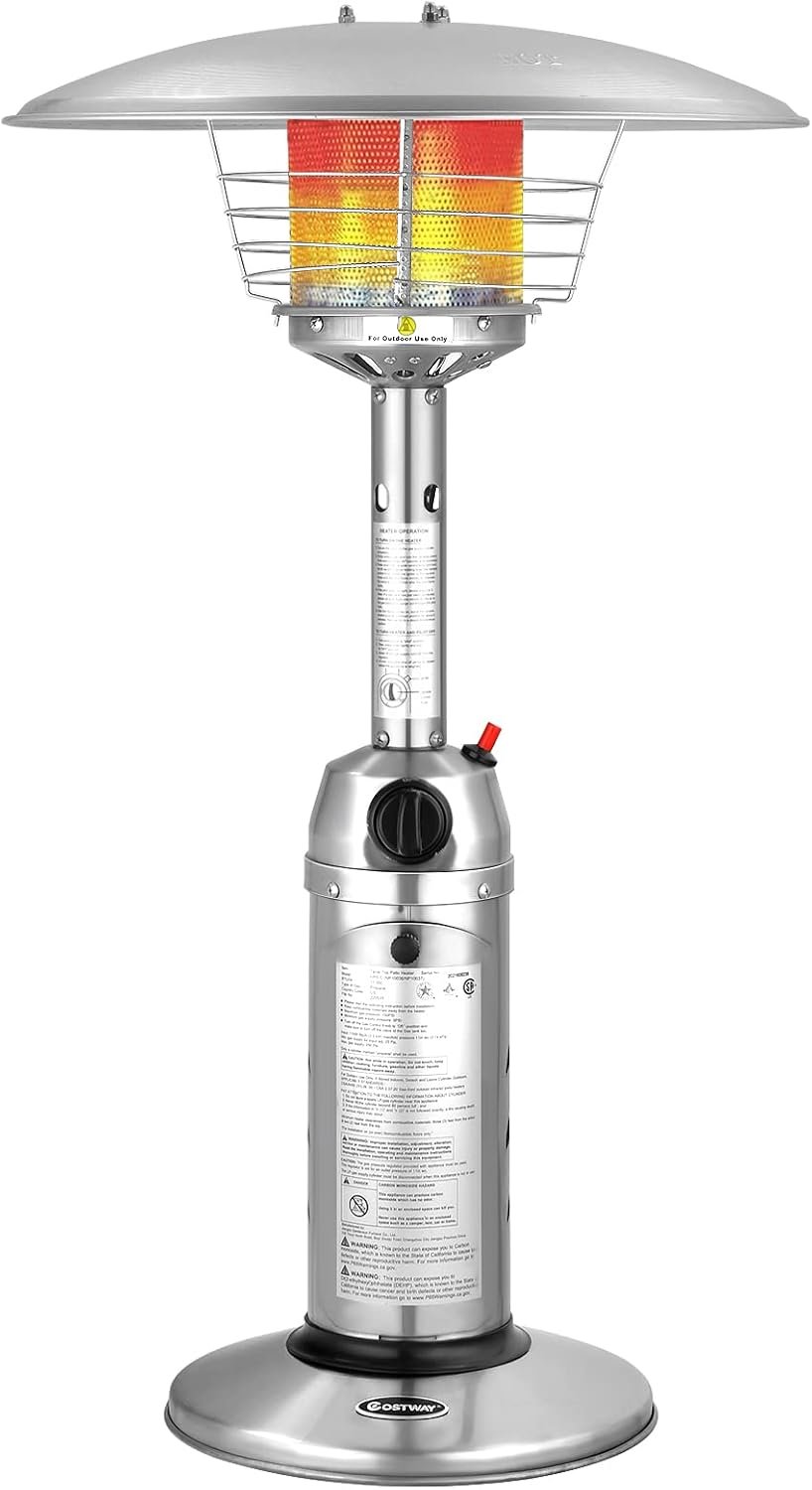 Giantex Outdoor Propane Patio Heater, 11,000 BTU Portable Tabletop Heater w/Weighted Base, Stainless Steel, Adjustable Thermostat, Electric Heater for Backyard, Garden, Commercial Restaurant, Silver