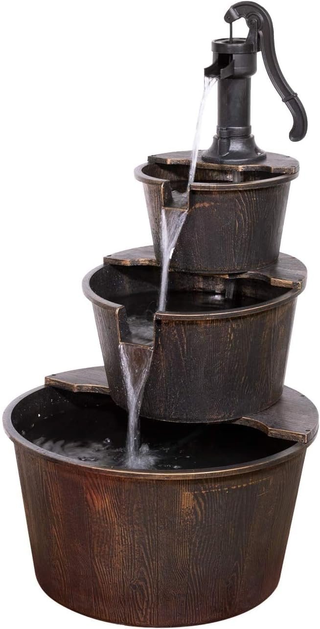 Alpine Corporation 40″ Tall Outdoor Floor Tiered Rustic Pump and Barrel Water Fountain, Old-Fashioned Waterfall for Garden, Patio, Yard Decor, Dark Brown