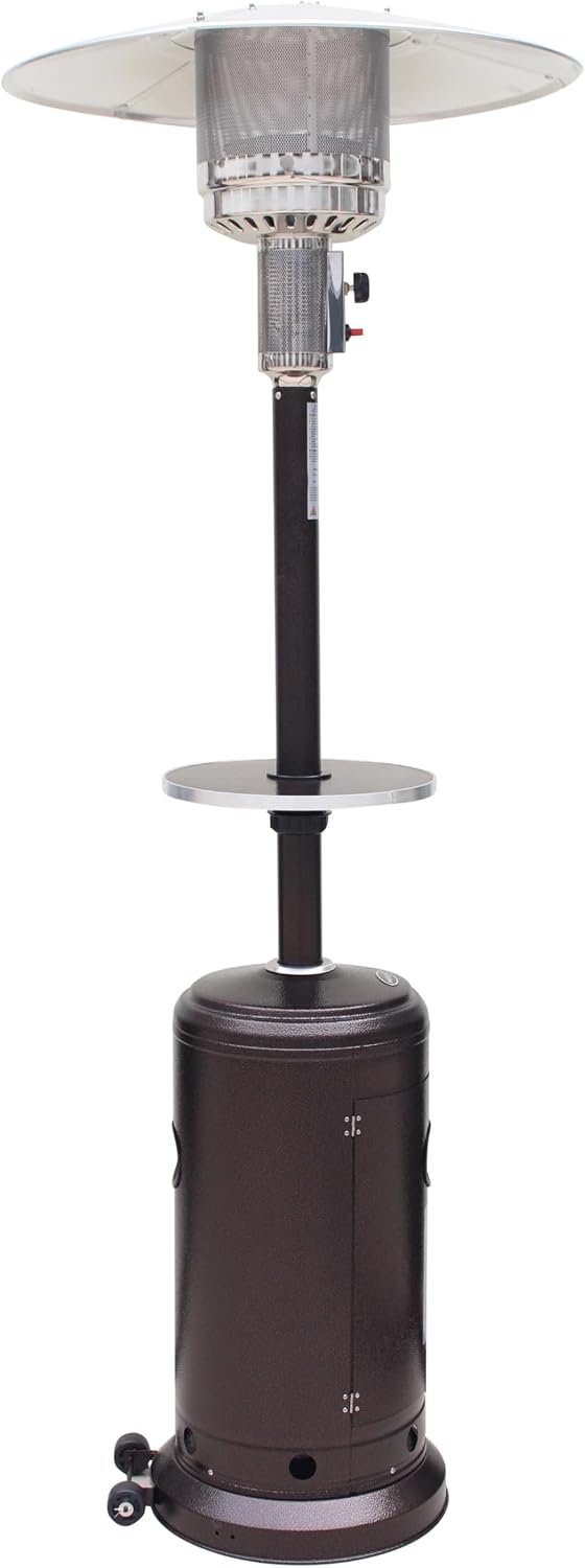 AZ Patio Outdoor Propane Gas Patio Heater, 48K BTU’s, Open Door Design, Adjustable Table, Single pole, Weight Bladder Included, Regulator and Hose, Hammered Bronze Finish