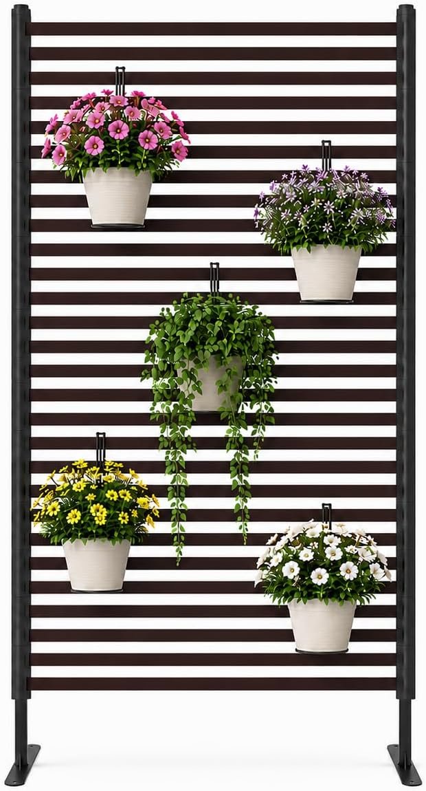 OTOSUNNY Metal Outdoor Privacy Screen Freestanding, 36″ W x 72″ H, Brown | Rustproof Steel Pipes and Slats Panels, Decoative Privacy Screen Fence Panels Freestanding for Outside Patio Garden Backyard