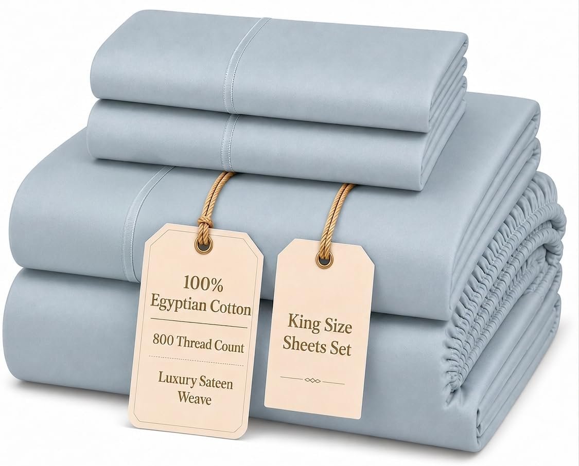 Egyptian Cotton Sheets For King Size Bed, King Sheet Set – French Blue | 800 Thread Count 15″ Deep Pocket Sateen Weave 4 Piece Sheet & Pillowcase Sets, Soft, Naturally Breathable & Cooling Sheets