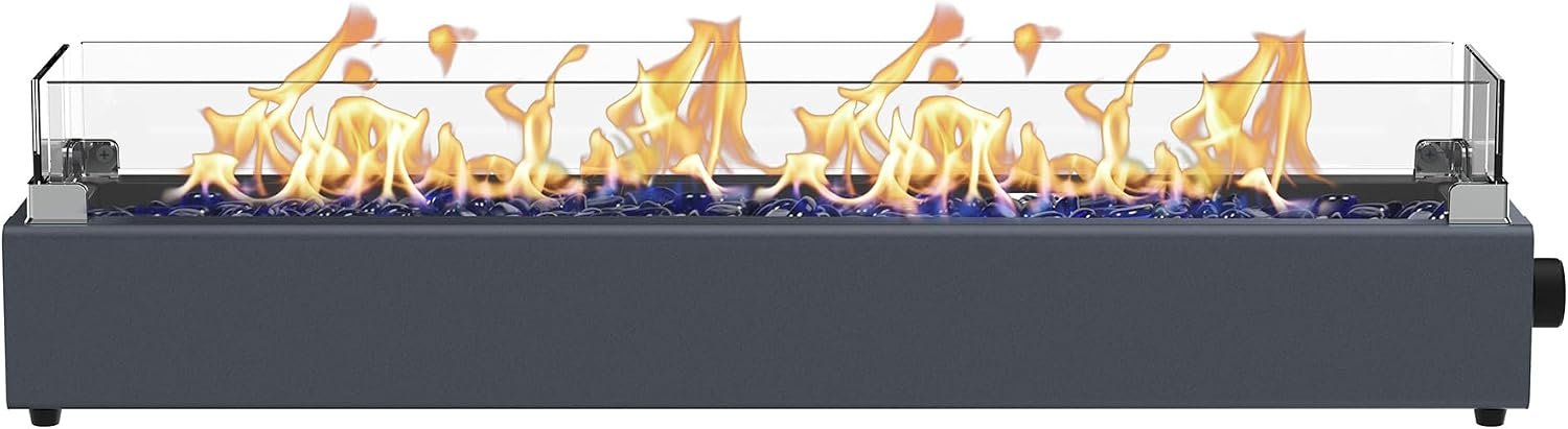 36-inch Table Top Propane Fire Pit, 40,000 BTU Tabletop Firepit for Patio, Outdoor Portable Rectangular Fire Bowl w/Wind Glass Shield, Glass Rocks – Carbon Gray