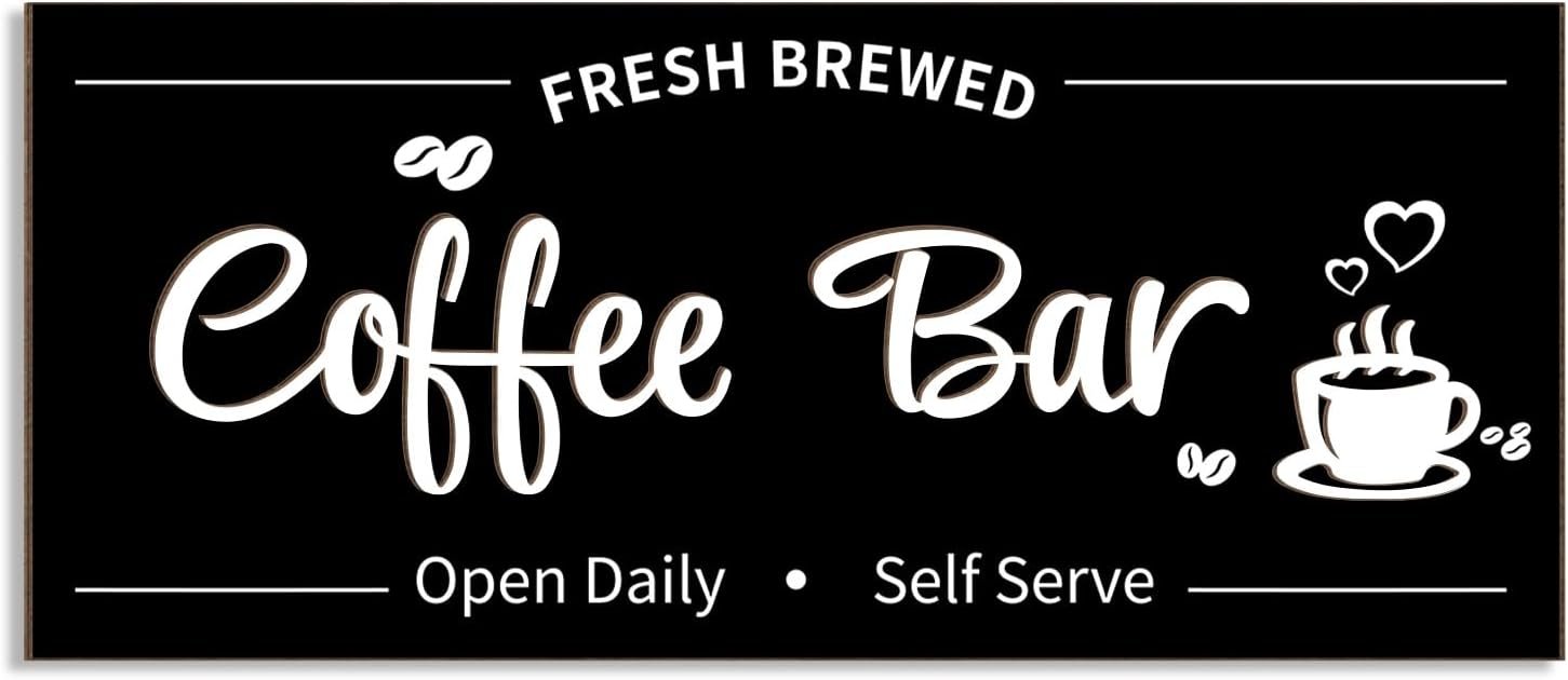 Uflashmi Coffee Bar Sign for Wall, Black Coffee Station Wall Decor | Black rectangular wall sign with Fresh Brewed, Open Daily and Self Serve lettering for kitchens, cafes and coffee stations