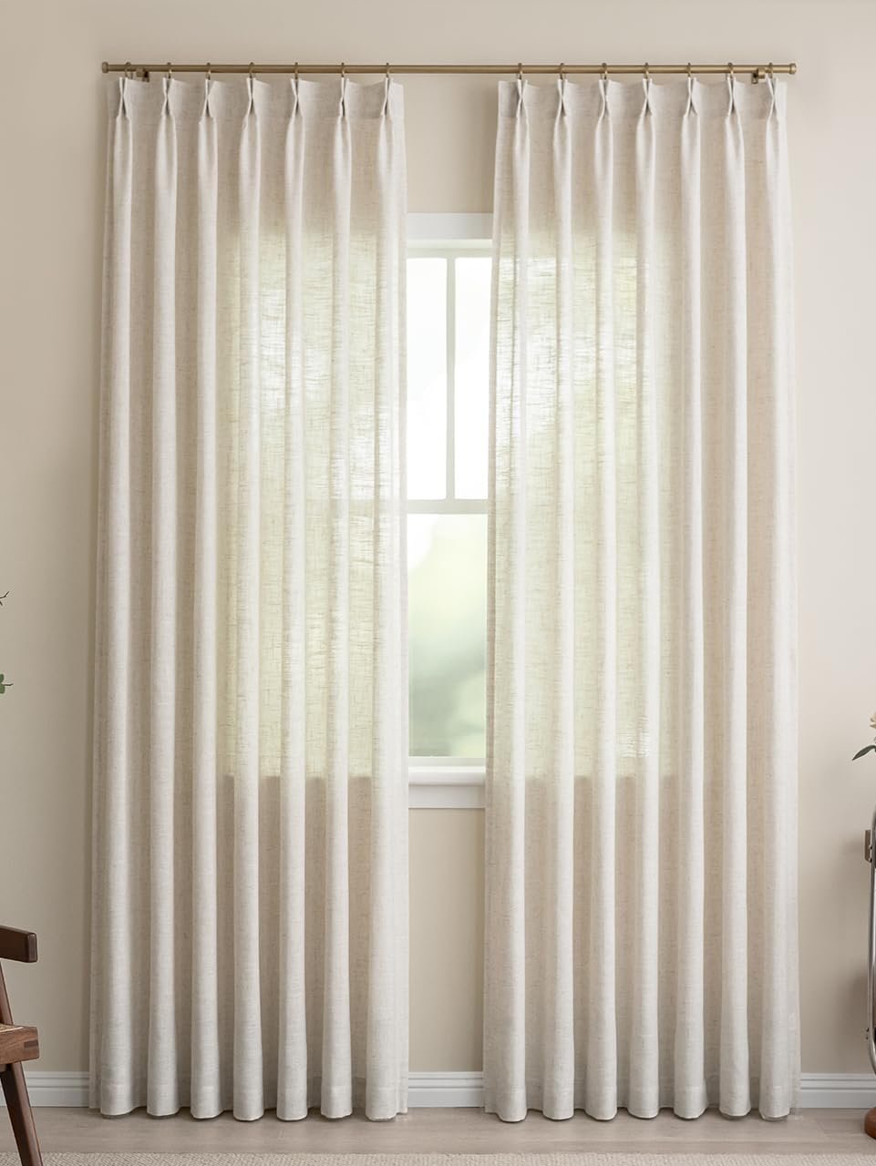 Liz Sheer Pinch Pleated Linen Curtains 90 Inches Long – Light Filtering Pleat Curtains for Living Room,Window Curtains for Bedroom, Luxury Pinch Pleated Drapes with Hooks, Natural, 2 Panels Set