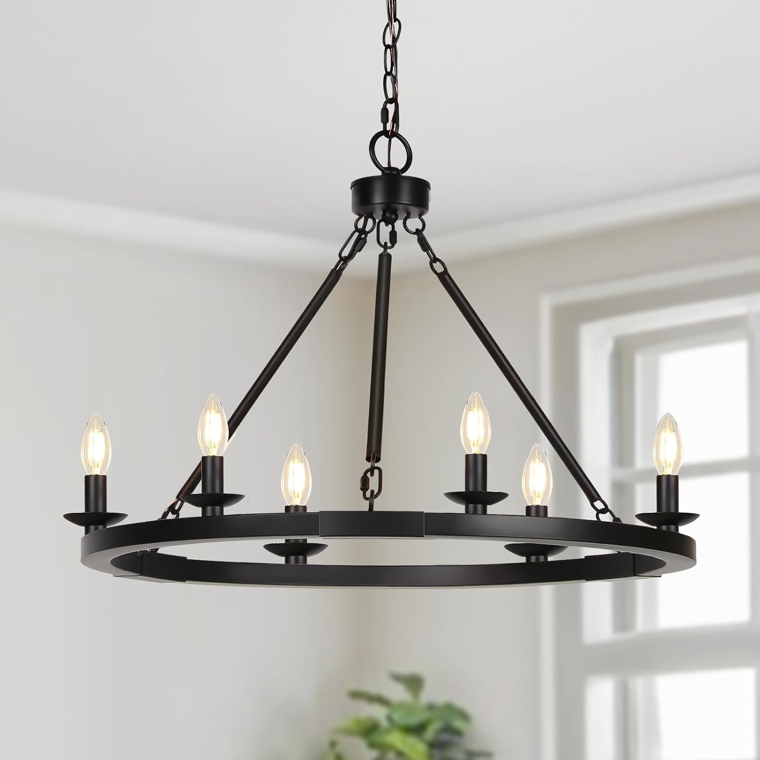 Black Farmhouse Chandelier, 6-Light Wagon Wheel Pendant Light | Dining Room Light Fixture with Adjustable Height, Hanging Lights for Kitchen Island Living Room Bedroom Entryway, E12 Base