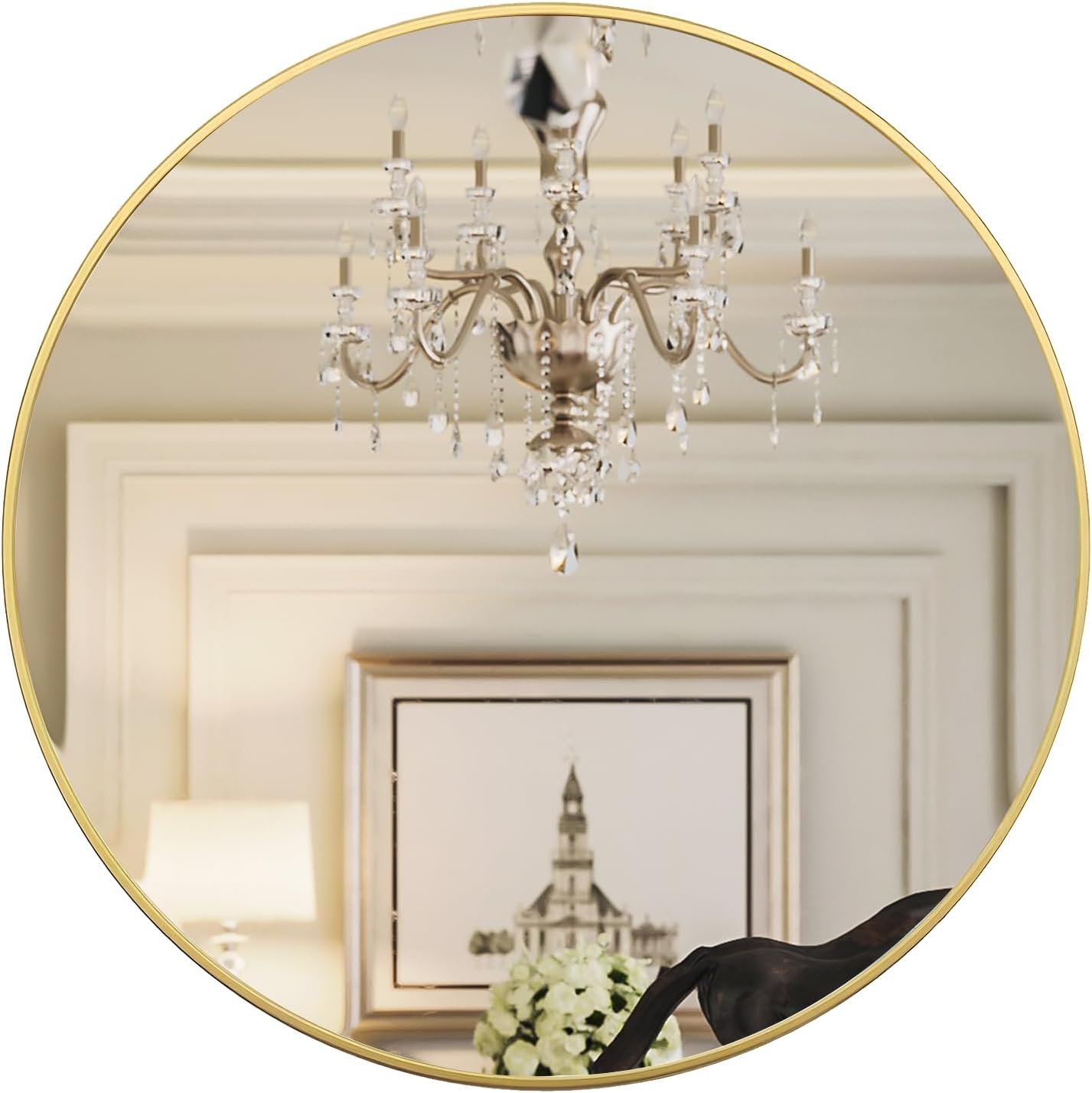 Gold Round Mirror, 24 inch Round Bathroom Mirror, Gold Circle Mirror for Bathroom, Wall Decor for Living Room, Entry Way, Bedroom, Metal Framed
