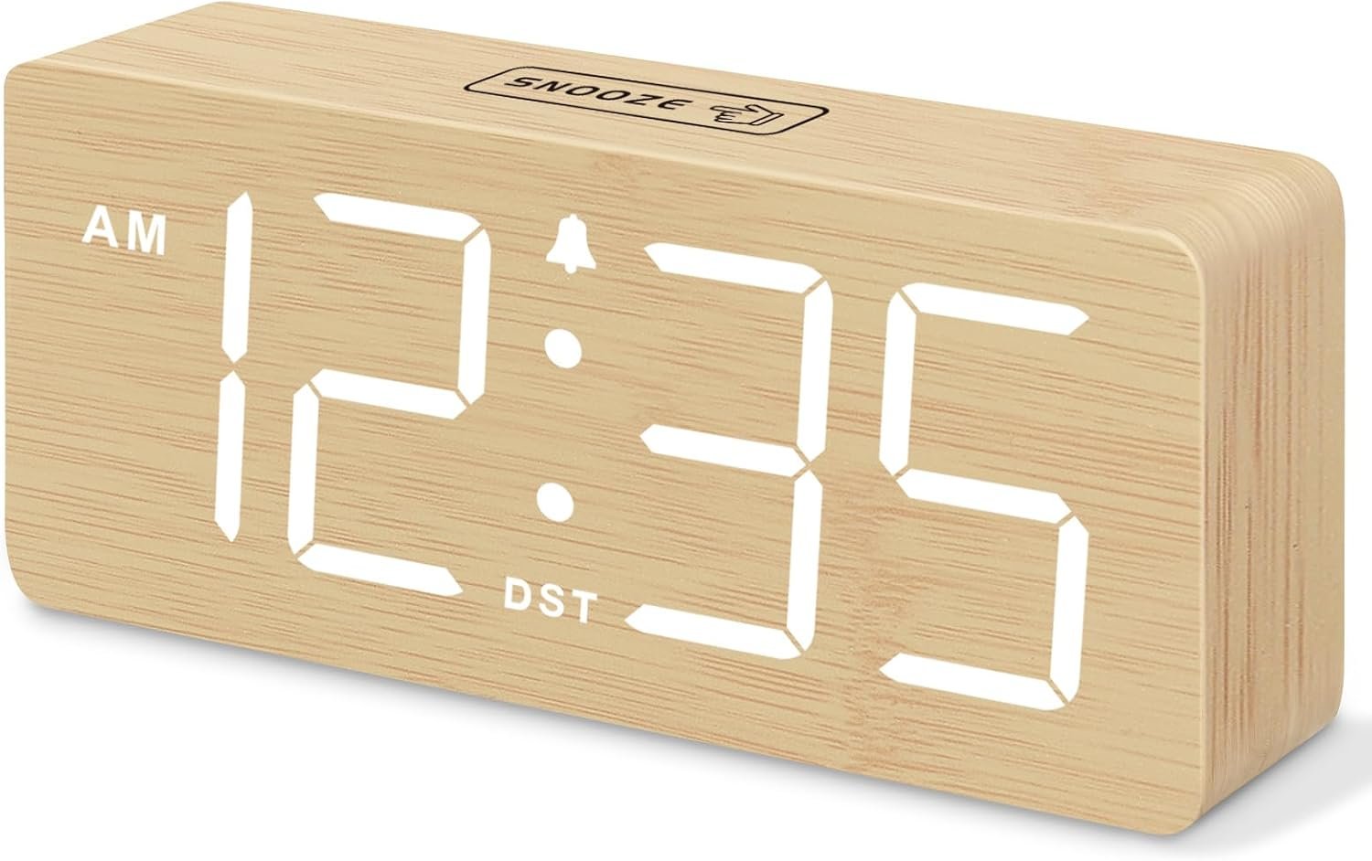 DreamSky Wooden Digital Alarm Clock for Bedroom with Large Numbers | Desk Clock for Living Room Office, Loud Alarm for Heavy Sleepers Adults, Volume Control, Dimmer, DST, Wood Decor (Plug-in)