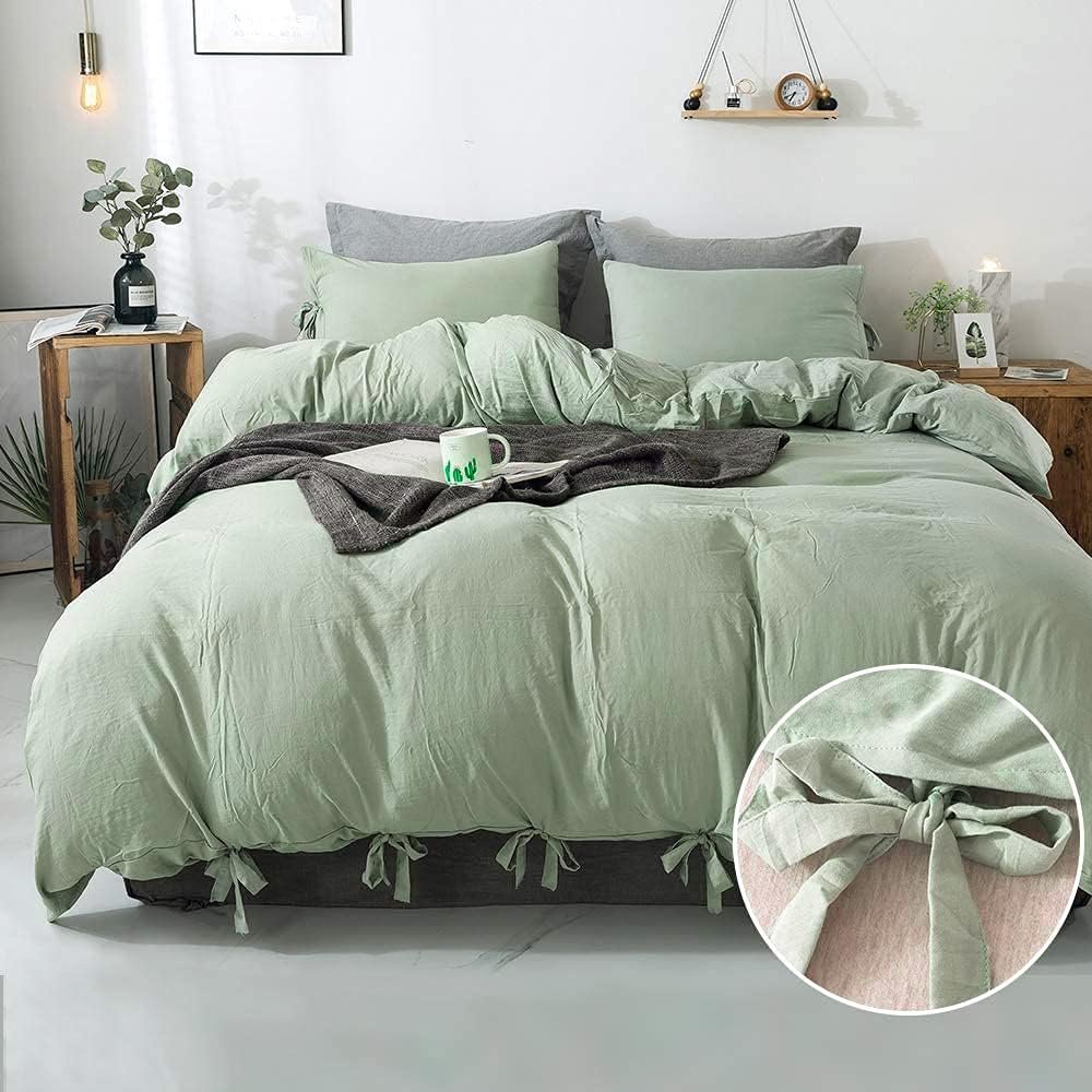 annadaif Sage Green Duvet Cover Queen Size, 3 Pieces Duvet Cover Set | Soft Washed Comforter Cover ,Bowknot Bow Tie, (1 Duvet Cover 90×90 Inch, 2 Pillowcases) ,Easy Care Bedding Set