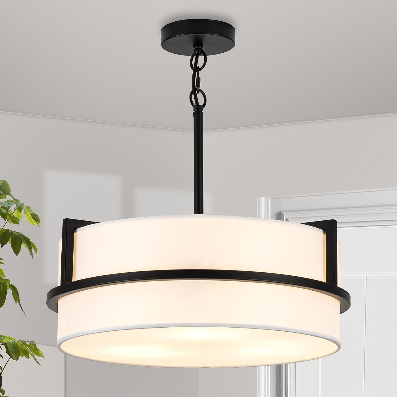 3-Light Modern Drum Chandelier,15.7″ Wide White Linen Drum Shade | Pendant Lighting with Adjustble Hang Height Chandeliers Ceiling Light Fixture for Dining Room Kitchen Islands Living Bedroom