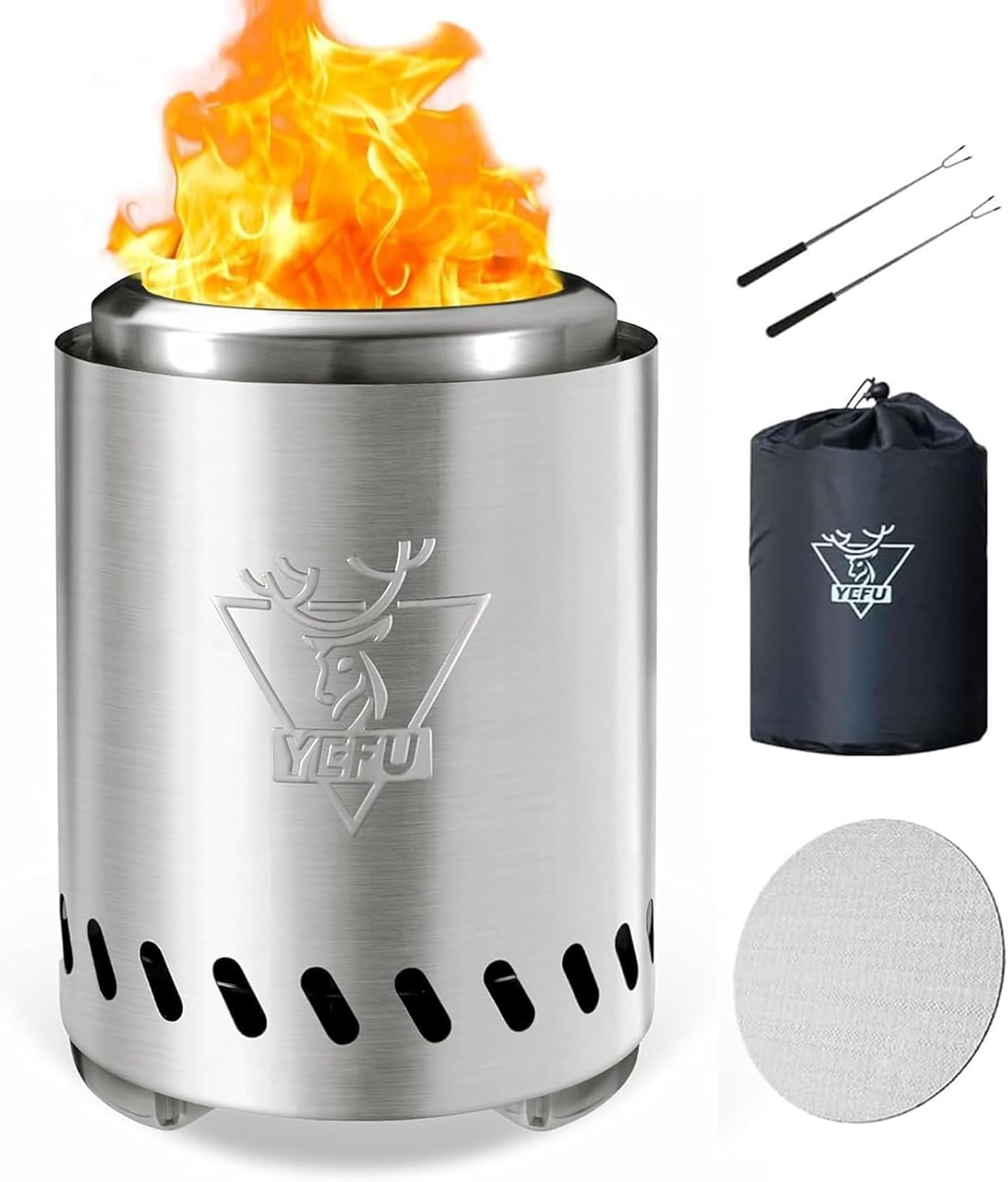 YEFU Tabletop Fire Pit, Low Smoke Pellet & Wood Stove with Bag, Silver | stainless steel,portable bonfire,safe burning,camping,outdoor,patio,garden picnic