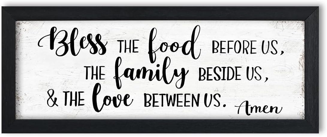 Bless the Food Before Us Wall Decor: Christian Bible Verse Wall Art Farmhouse Kitchen Dining Room Wall Decor Framed Small Plaque with Sayings – The Family Beside Us and The Love Between Us Signs
