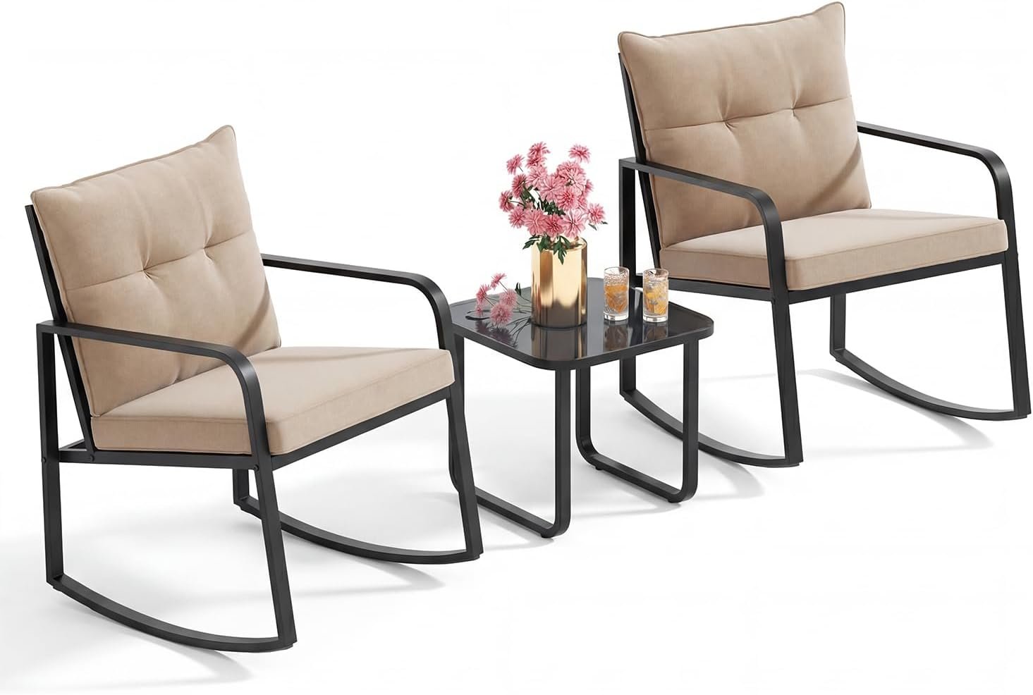Gizoon 3 Piece Rocking Bistro Set, Black Steel Patio Furniture | Porch Chairs Conversation Set with Glass Coffee Table, Back Cushion, for Balcony, Garden, Pool, Backyard, Beige