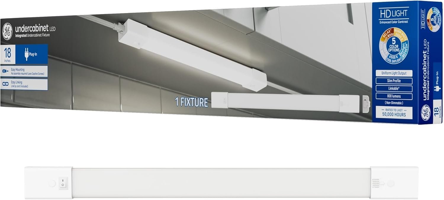GE LED HD+ Undercabinet Light Fixture, Linkable Integrated Slim Profile Fixture for Kitchens, High Definition Light in 5 Color Temperatures, Plug-In, 18in (1 Pack)