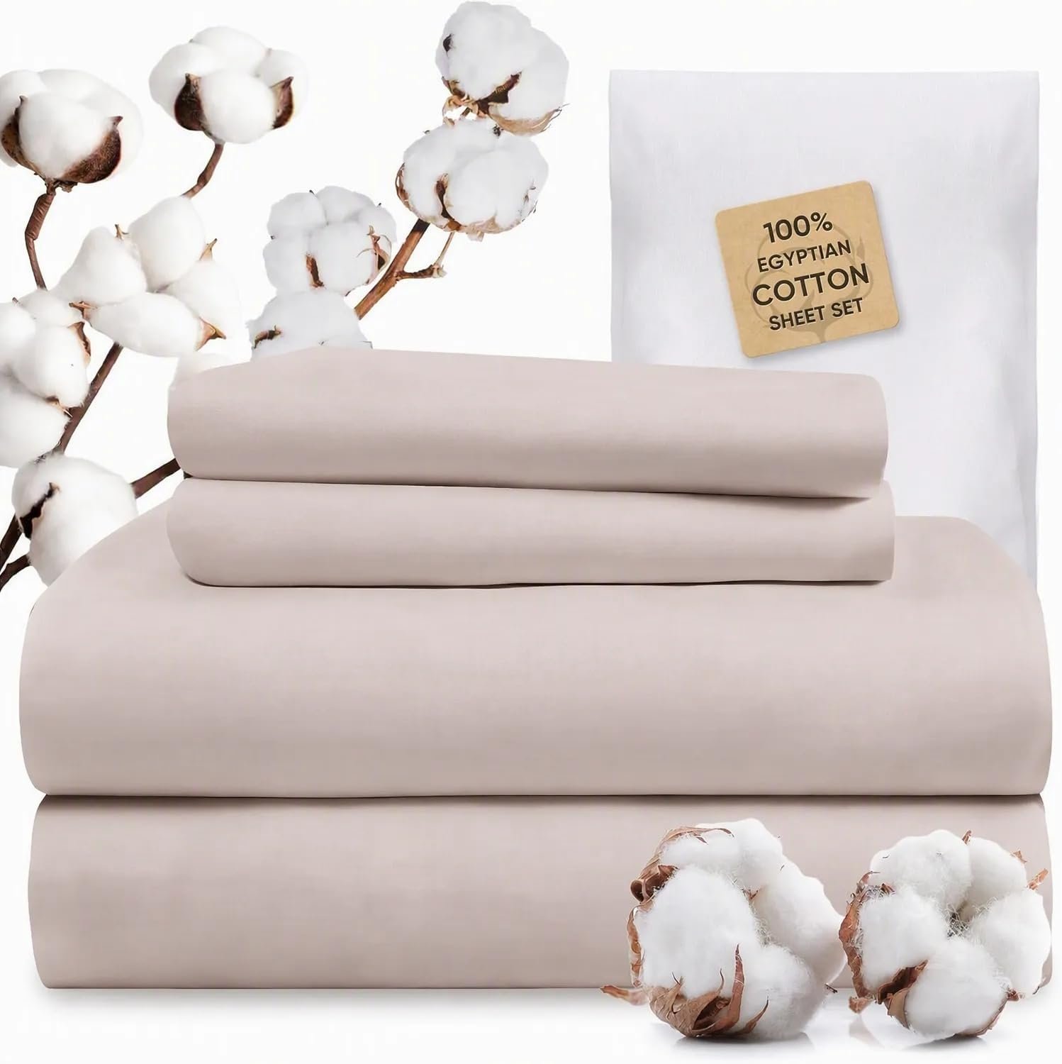 TWK 1200 Thread Count 100% Egyptian Cotton Sheets Bed Set,Thickness,Long-Lasting Durability,Resists Pilling,Deep Pocket Up to 18″,with a Laundry Bag (Sand, King)