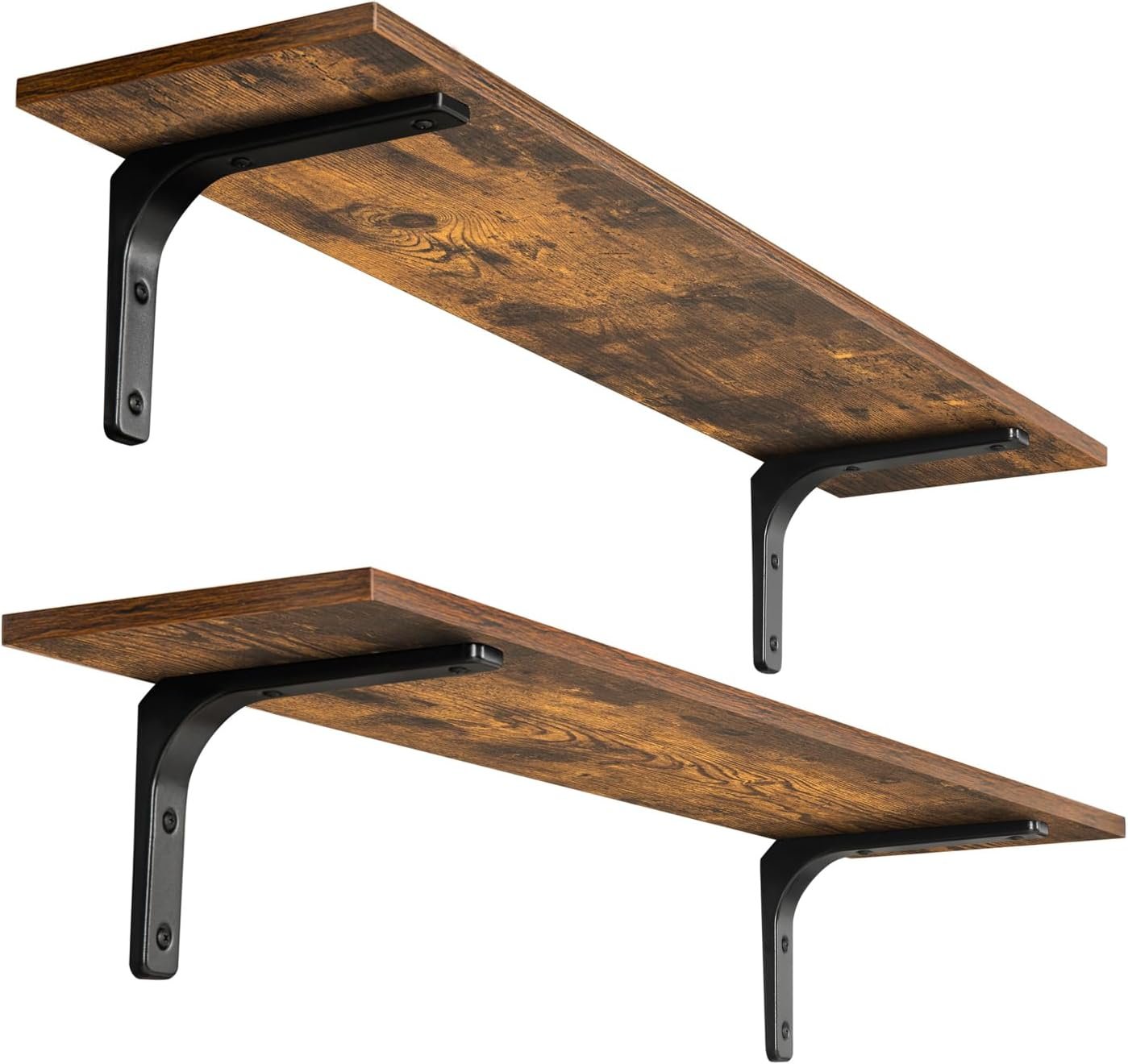 Long Wall Shelves, 31.5Inch Wooden Wall Mounted Shelves, Set of 2 | Floating Book Shelf, Metal Bracket Easy Assembly, Max Load 22lbs, Wall Storage Ledges, Bedroom/Bathroom/Kitchen, Rustic Brown