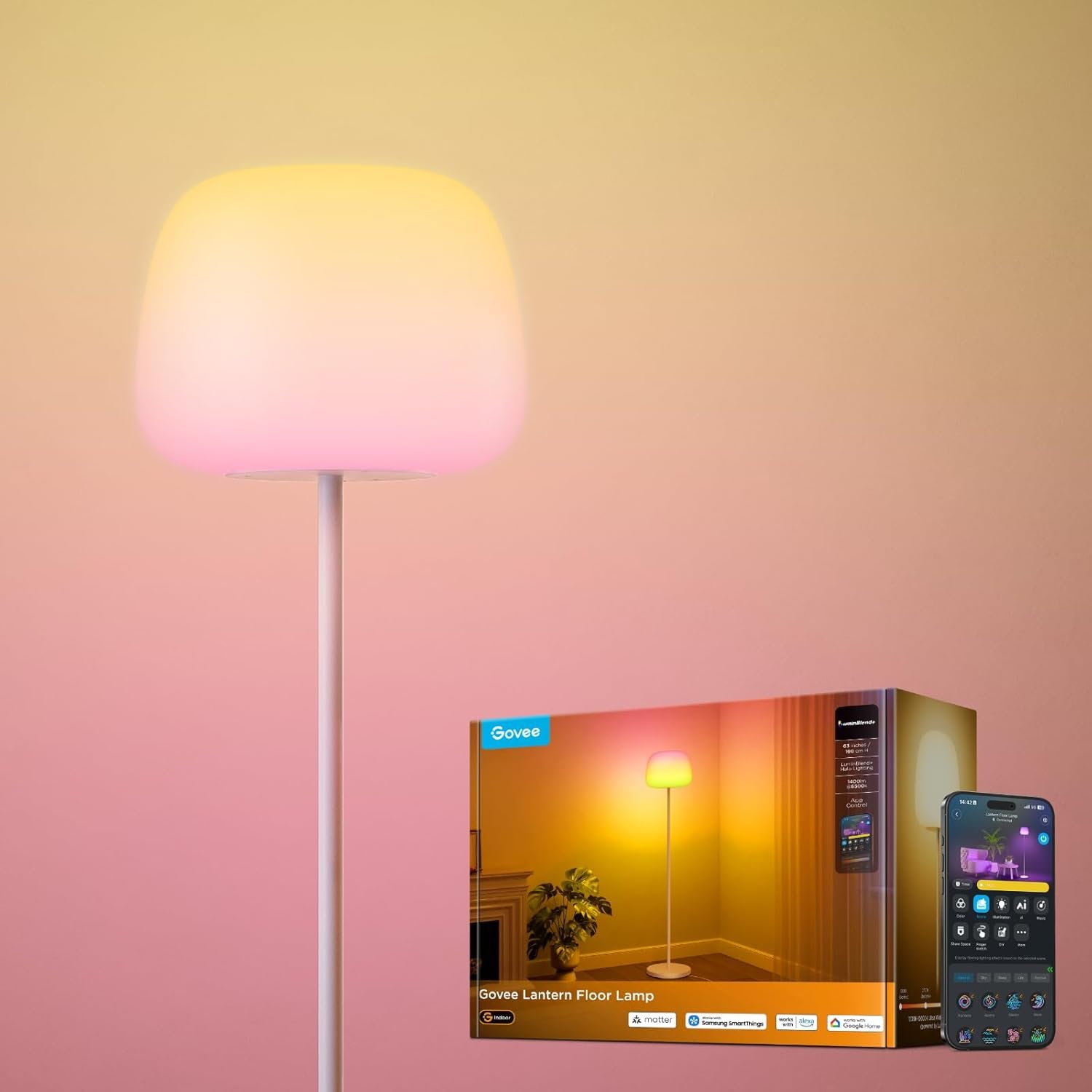 Govee Lantern Floor Lamp, Halo Gradient RGBIC Smart Corner Lamp for Bedroom | Luminblend+, 1000K-10000K, Matter Compatible, 100+ Scene Modes, Music Sync, 1400lm, Modern Floor Lamps for Living Room, White