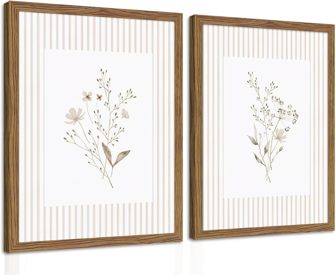 Neutral Wildflower Wall Art Set of 2, Vintage Flower Botanical Wall Decor Painting, Rustic Cottagecore Striped Floral Prints Pictures for Living Room Bedroom 12×16 Inch Framed