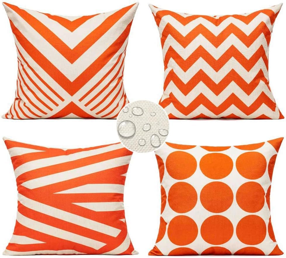 All Smiles Outdoor Waterproof Throw Pillow Covers 18X18 Set of 4,Orange Decorative Cushion Covers Boho Decorations Outside for Patio Furniture Porch Seat Chair Couch Sofa Living Room Geometric