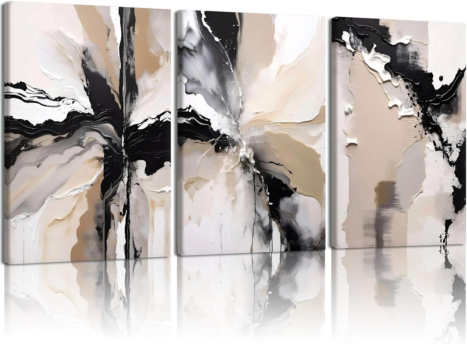 NCCXNCC 3-Piece Black and Beige Abstract Canvas Wall Art, 12×16 Inch Framed | Neutral-Toned Geometric Wall Decor With Modern Ceramic Brushstroke Patterns Suitable For Living Rooms, Bedrooms, Bathrooms