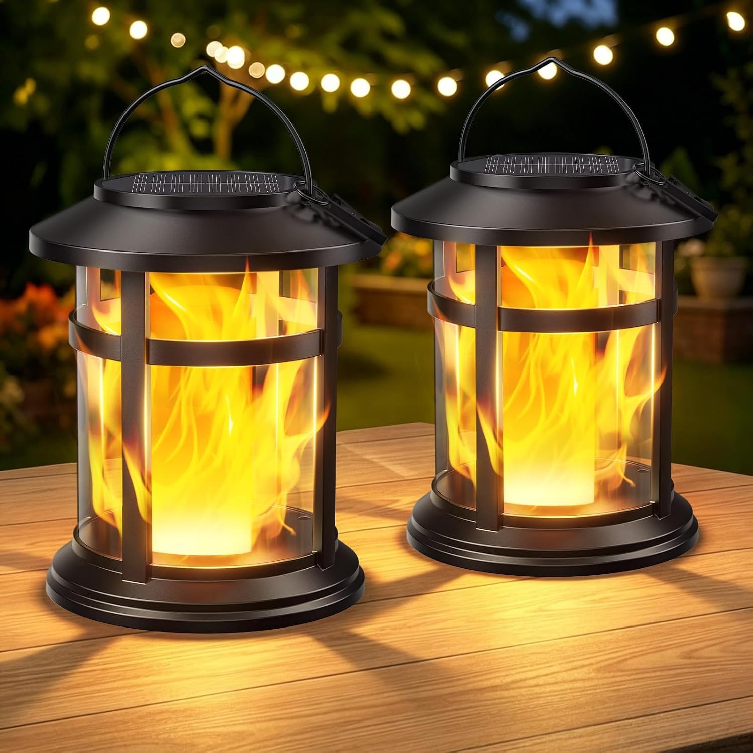 Solar Lanterns Outdoor Waterproof, 2 Pack Upgraded Flickering Flame Hanging Solar Lights for Outside Decorative, Solar Powered Lanterns Lighting for Garden Patio Table Porch Decor Gifts
