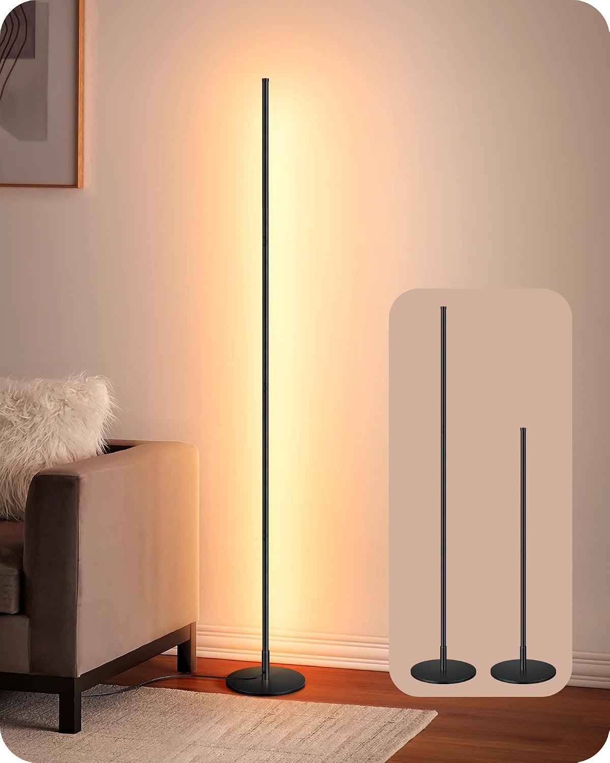 EDISHINE LED Corner Floor Lamp, 57.5″ Minimalist Dimmable Sleek Light, Adjustable Height, Standing Tall Floor Lamps for Living Room, Bedroom, Office, 3000K Warm White Light, Black