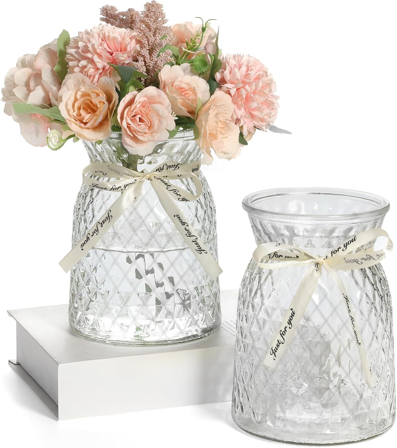 SOJOCK 2PACK Glass Flower Vases(Flowers NOT Included),6.3″ High Diamond Pattern Vases,Vintage Vases for Centrepieces,Wedding Decorations,Home Table Flower Decorations