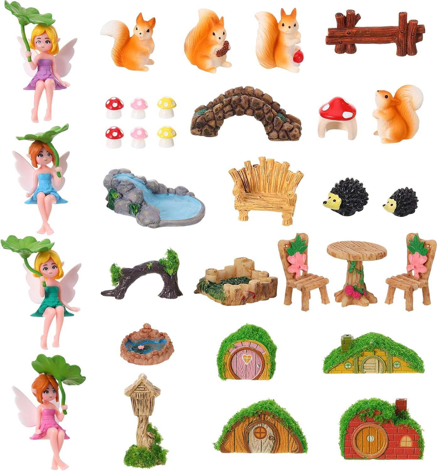 32 Pcs Fairy Garden Accessories Outdoor Kit Tiny Fairies Figures | Complete Miniature Garden Ornaments, House Animal Plant Statues, Sturdy Resin, DIY Terrarium Potted Dollhouse Landscape Decor